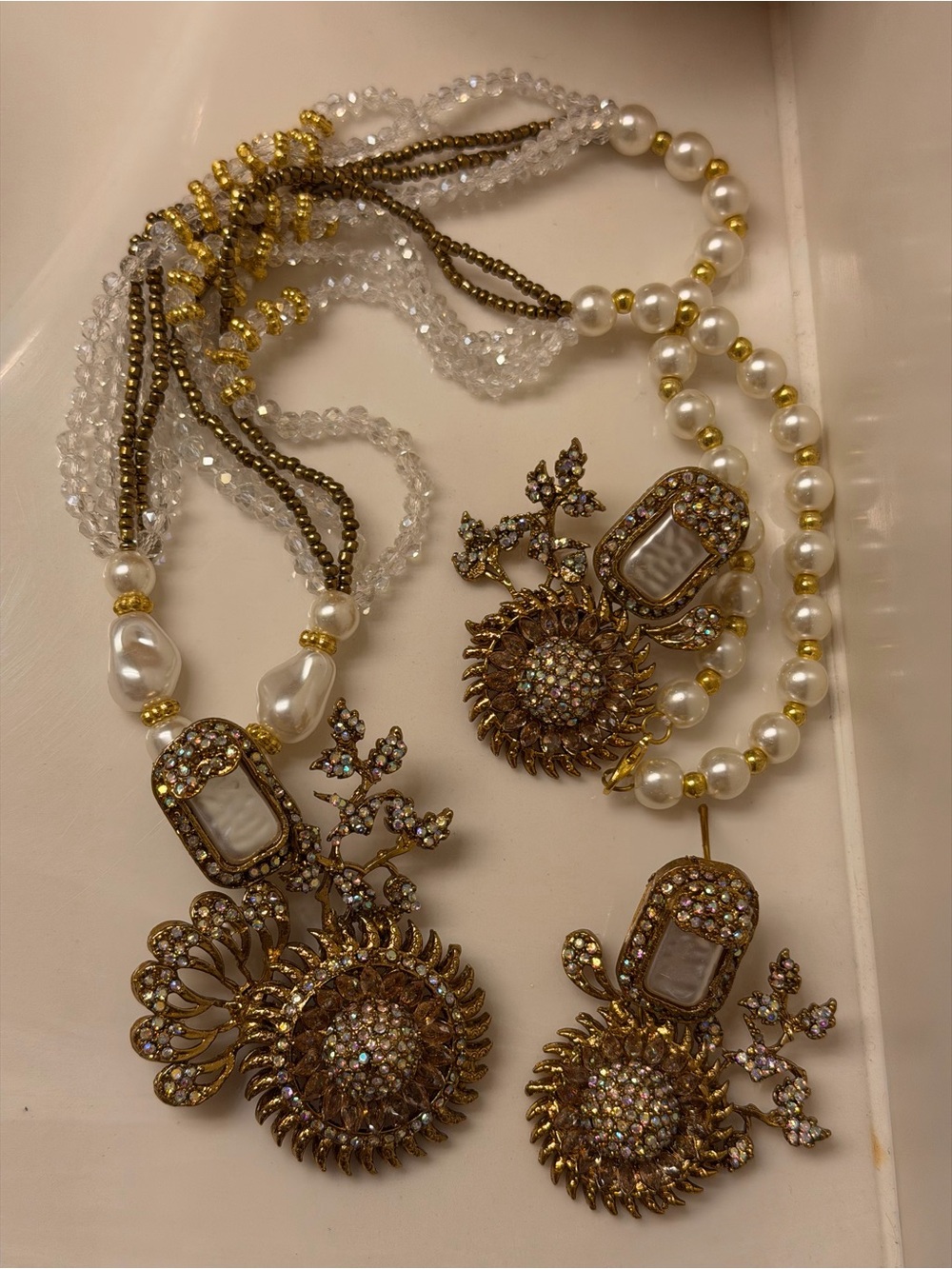 Turkish Pearl & Crystal Gold-Tone Floral Pendant Necklace Set